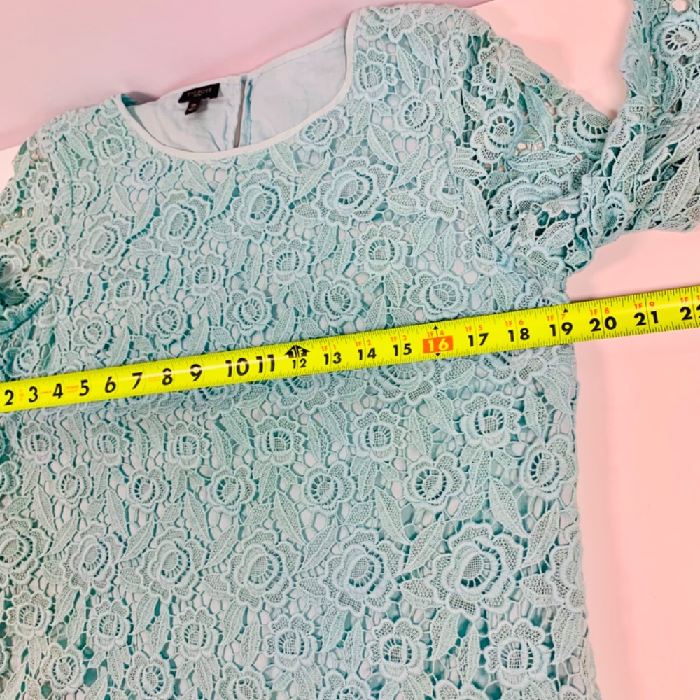 Talbots Spring teal blue/green boho crochet/lace long sleeve blouse cottagecore - Picture 9 of 12